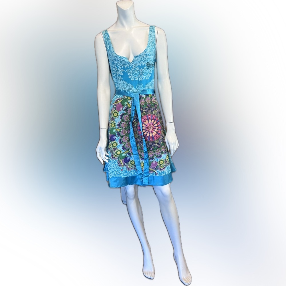 Desigual sleeveless dress Turquoise Blue Mandala Floral Design Size S